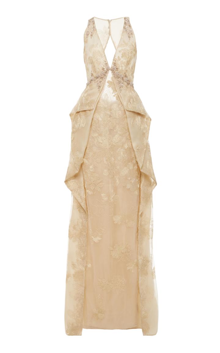Pamella Roland Threadwork Embroidered Tulle Gown
