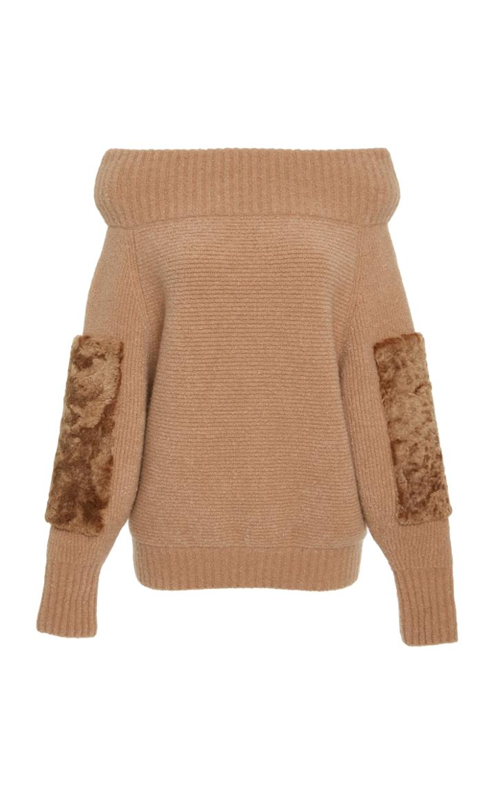 Sally Lapointe Cashmere Silk Boucle Shearling Patch Sweater