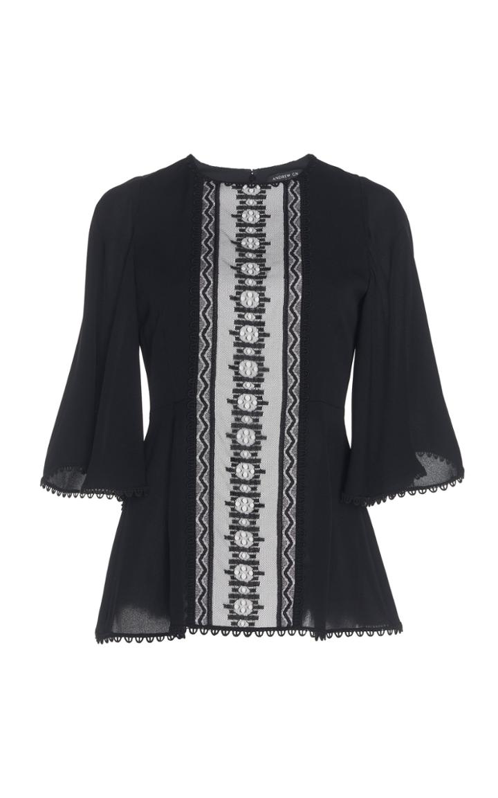 Andrew Gn Embroidered Silk Peplum Top