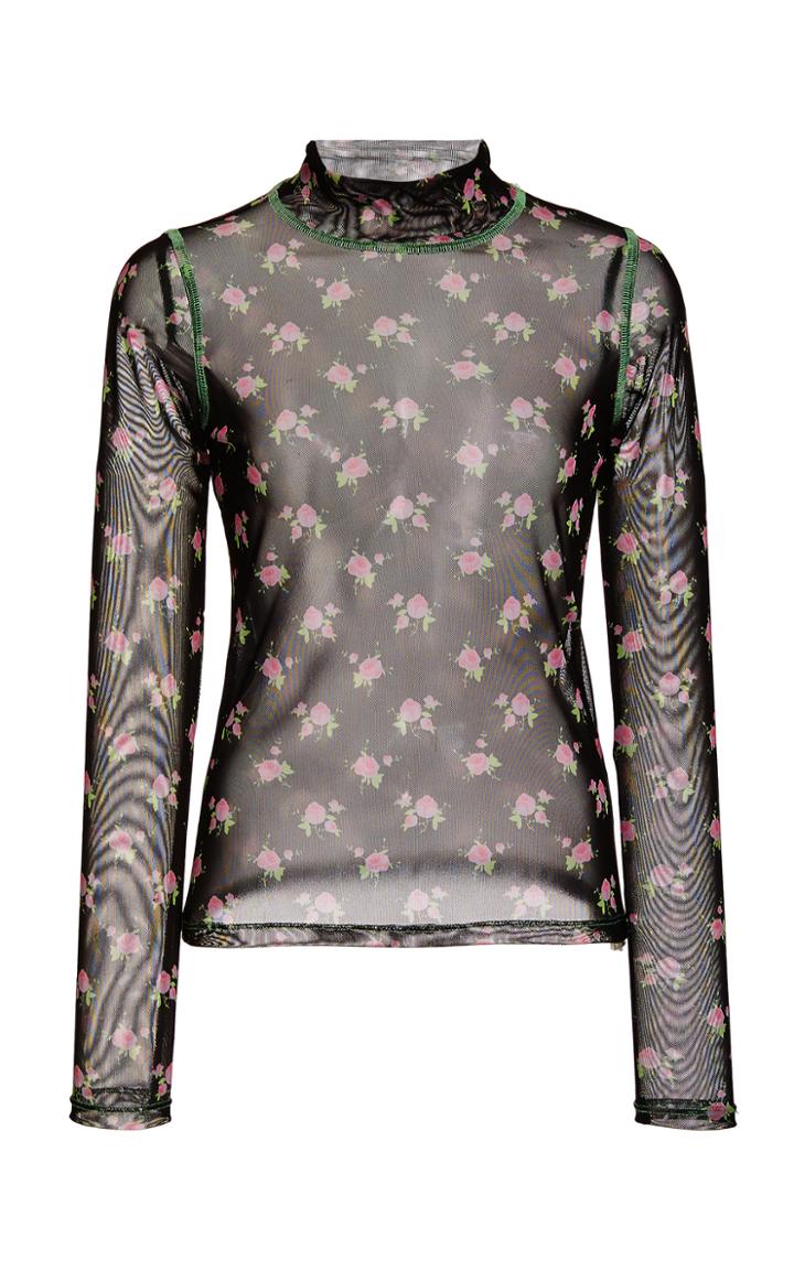 Sandy Liang Promise Floral-print Mesh Turtleneck Top