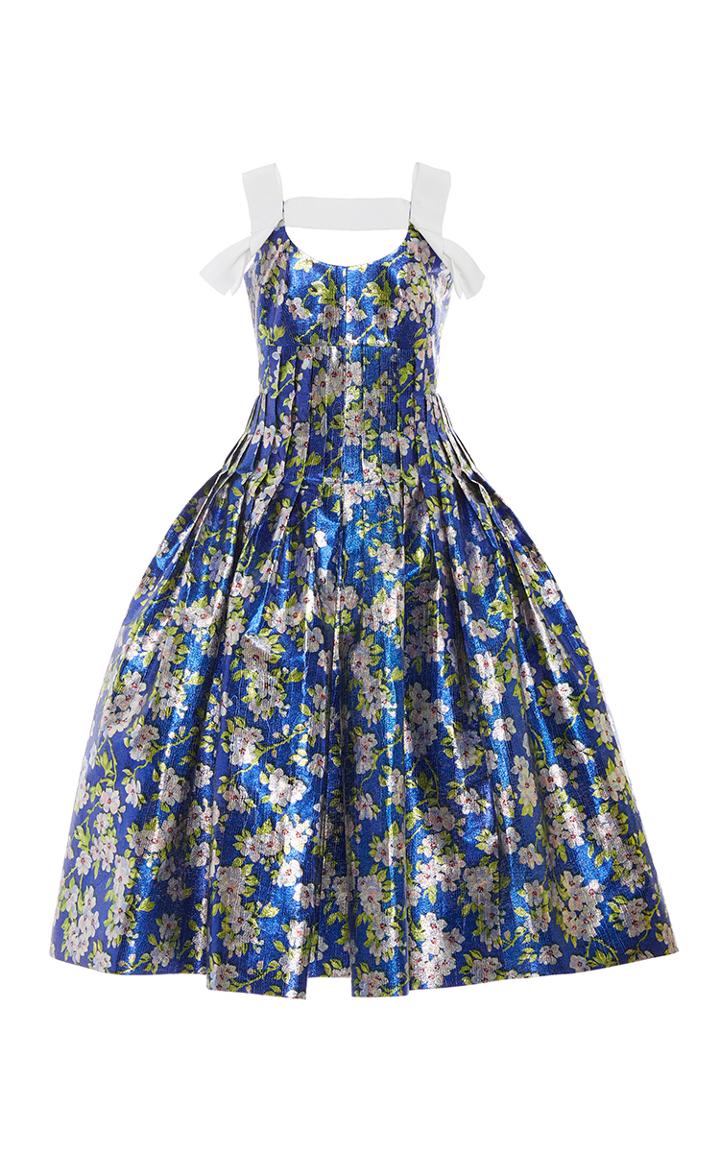 Delpozo Floral Pleated Lurex Dress