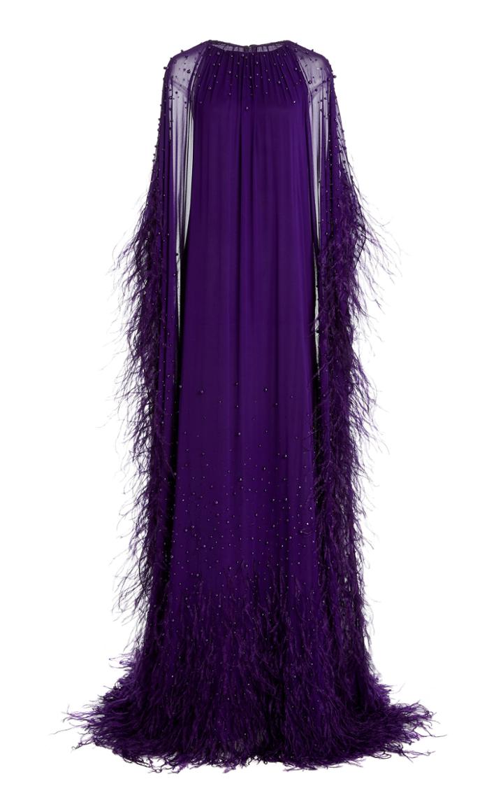 Moda Operandi Pamella Roland Feather And Pearl-embellished Silk Chiffon Caftan
