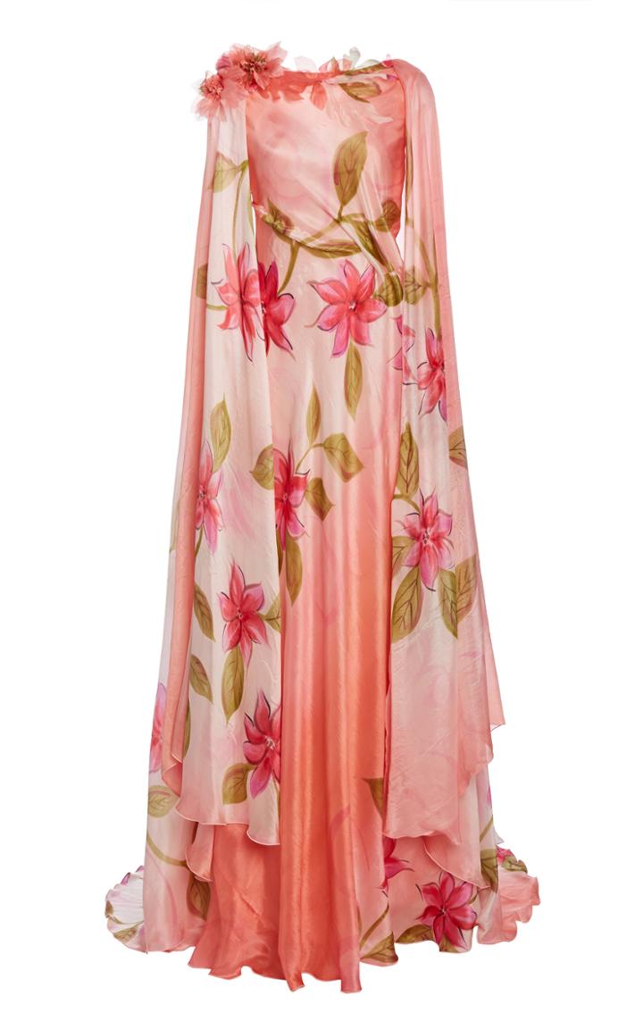 Rodarte Appliqud Cape-effect Hand-painted Silk Gown