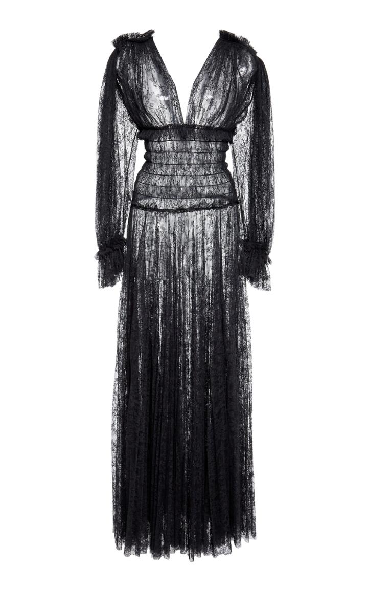 Khaite Dawny Smocked Chantilly Lace Maxi Dress