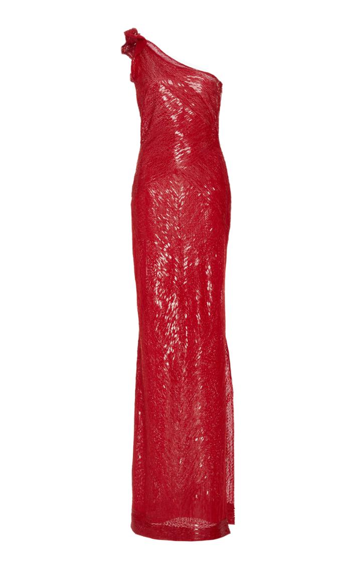 Naeem Khan One Shoulder Sequin Embroidered Gown