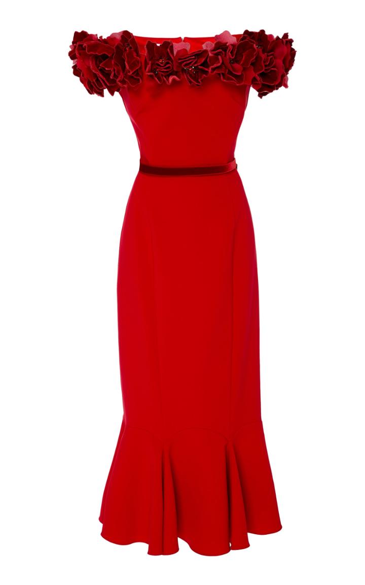 Marchesa Floral Applique Off-the-shoulder Crepe Dress