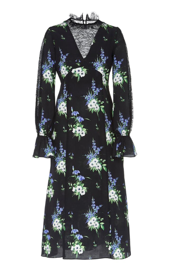 Les Rveries Lace-paneled Floral-print Crepe De Chine Midi Dress