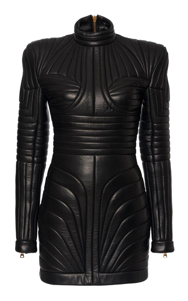 Balmain Strong Shoulder Quilted Leather Dress