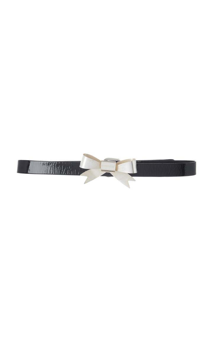 Rodarte Black Skinny Patent Leather Waist Belt With Small Silver Bow Ornament