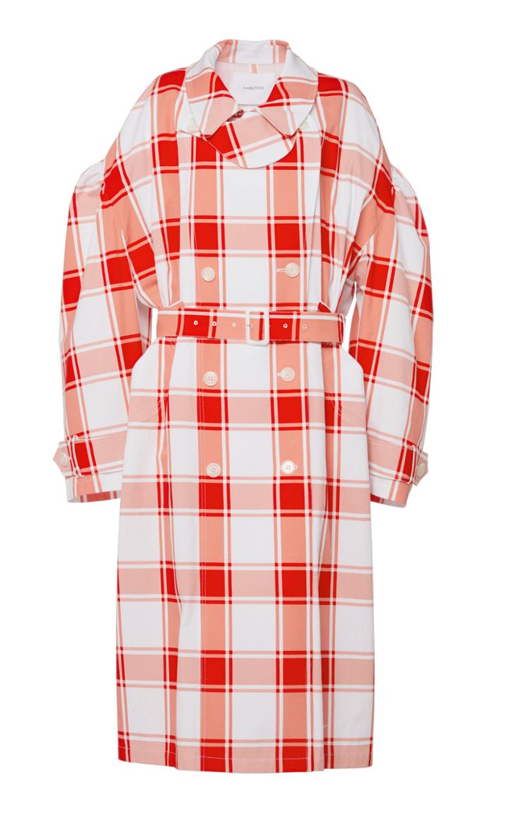 Pushbutton Plaid Cotton Trench Coat