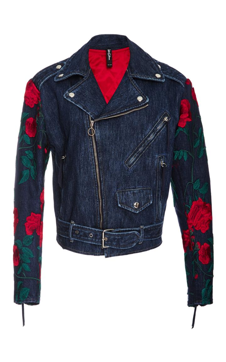 Adam Selman Embroidered Denim Moto Jacket