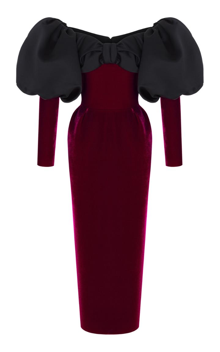 Rasario Puffed Sleeve Satin And Velvet Corset Midi Dress