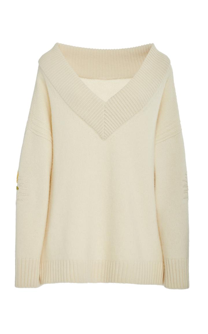 Oscar De La Renta Floral-embroidered Ribbed Wool And Cashmere-blend Sweater