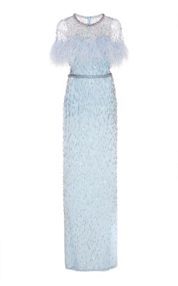 Jenny Packham Meline Feather-trimmed Sequined Gown