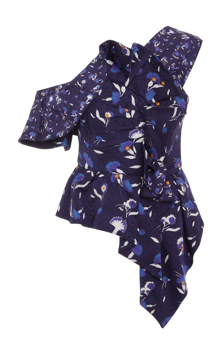 Self Portrait Asymmetric Floral-print Satin Top