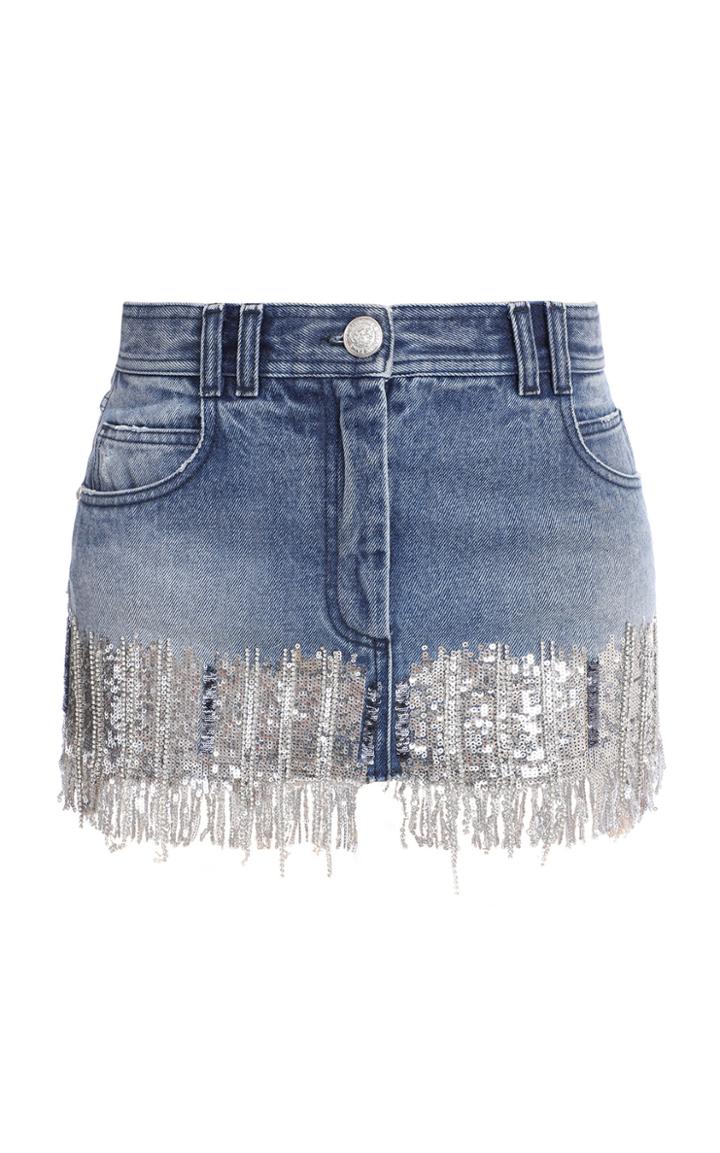 Balmain Sequined Fringed Denim Mini Skirt