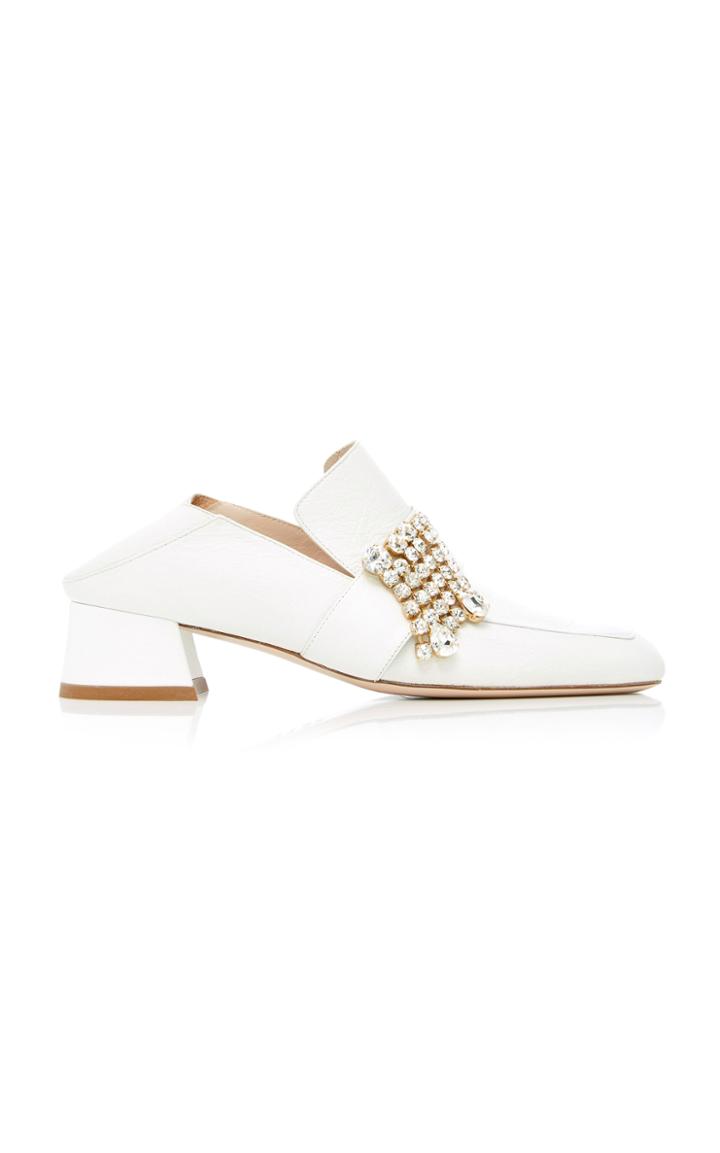 Stuart Weitzman Leather And Crystal Irises Heeled Slipper Loafers