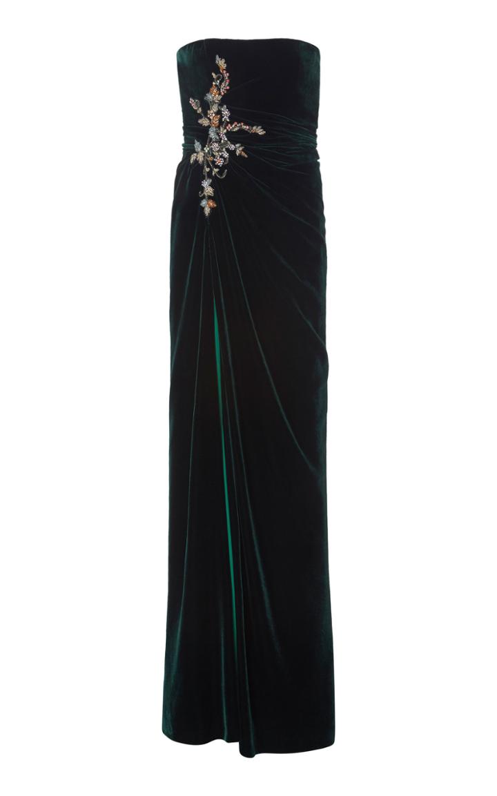 Costarellos Silk Velvet Bejeweled High Slit Dress