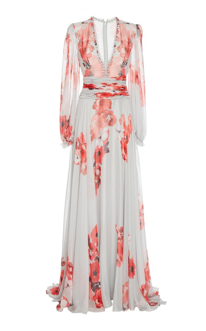Costarellos V-neck Printed Chiffon Gown