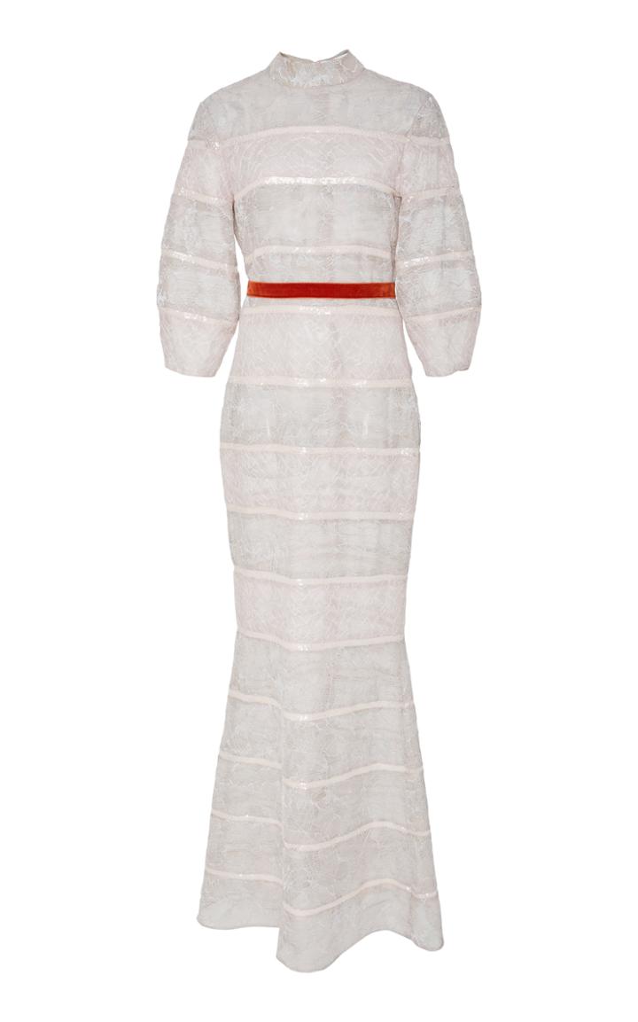 J. Mendel Bracelet Sleeve High Neck Paneled Lace Gown With Sequined Detail