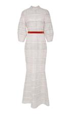 J. Mendel Bracelet Sleeve High Neck Paneled Lace Gown With Sequined Detail
