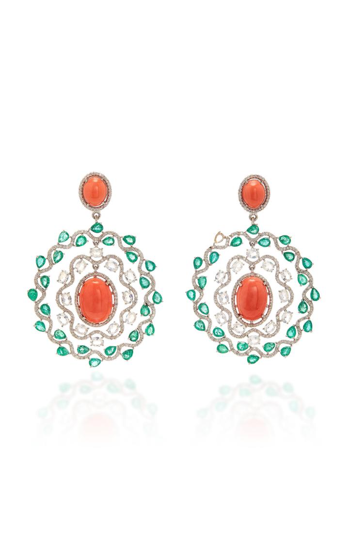 Sanjay Kasliwal 18k White Gold Coral Emerald And Diamond Earrings