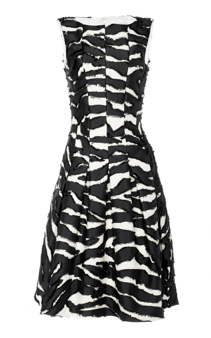 Oscar De La Renta Straight Neck Paneled Zebra Print Midi Dress