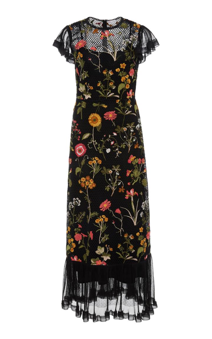 Red Valentino Macrame Floral Short Sleeve Midi Dress