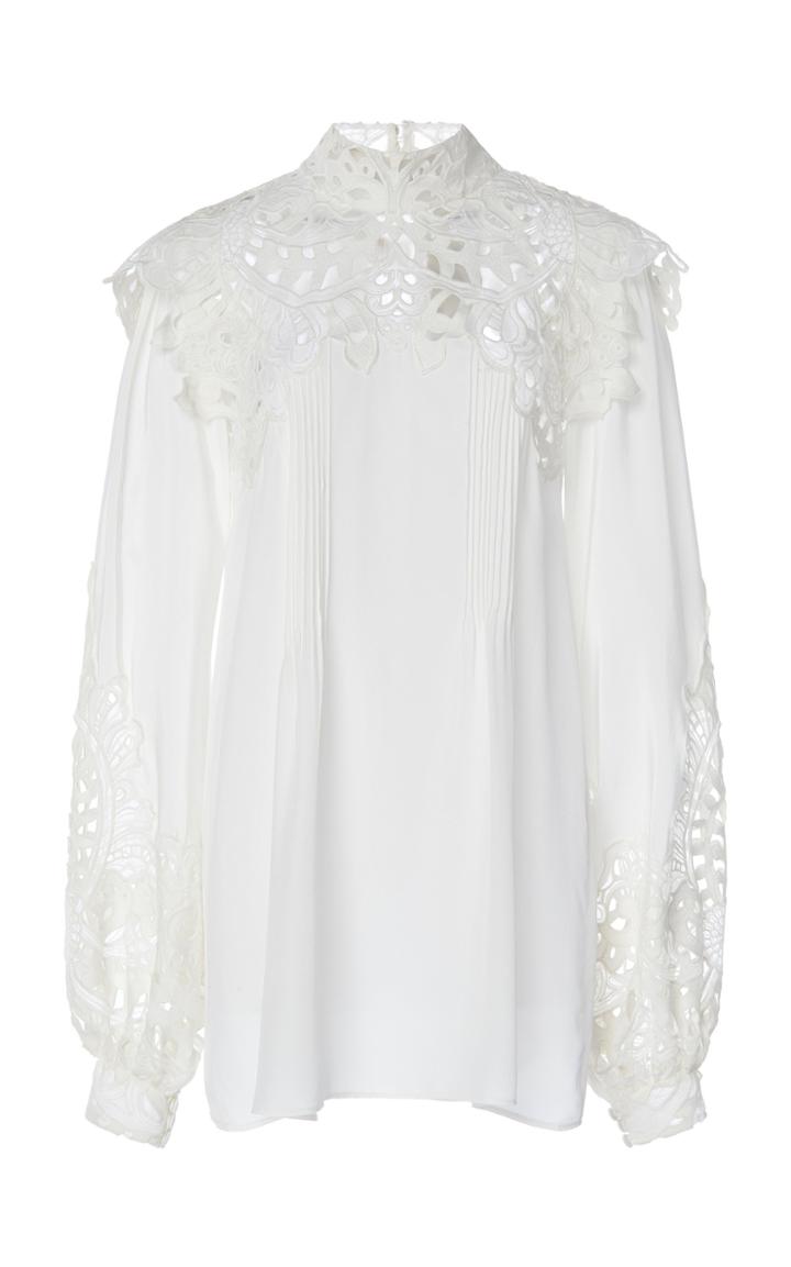 Moda Operandi Costarellos Linen High-neck Blouse With Antique Broderie Anglaise Lace