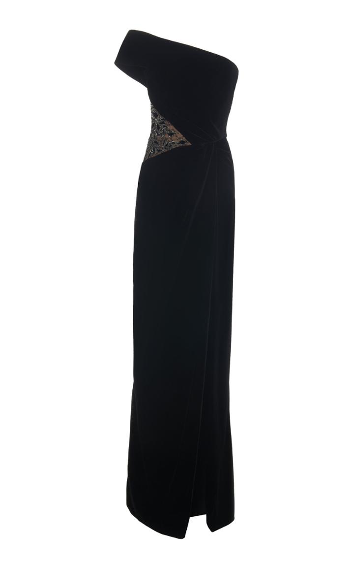 Marchesa One Shoulder Embroidered Velvet Gown