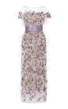 Marchesa Illusion Off Shoulder Ostrich Feather Embroidered Gown