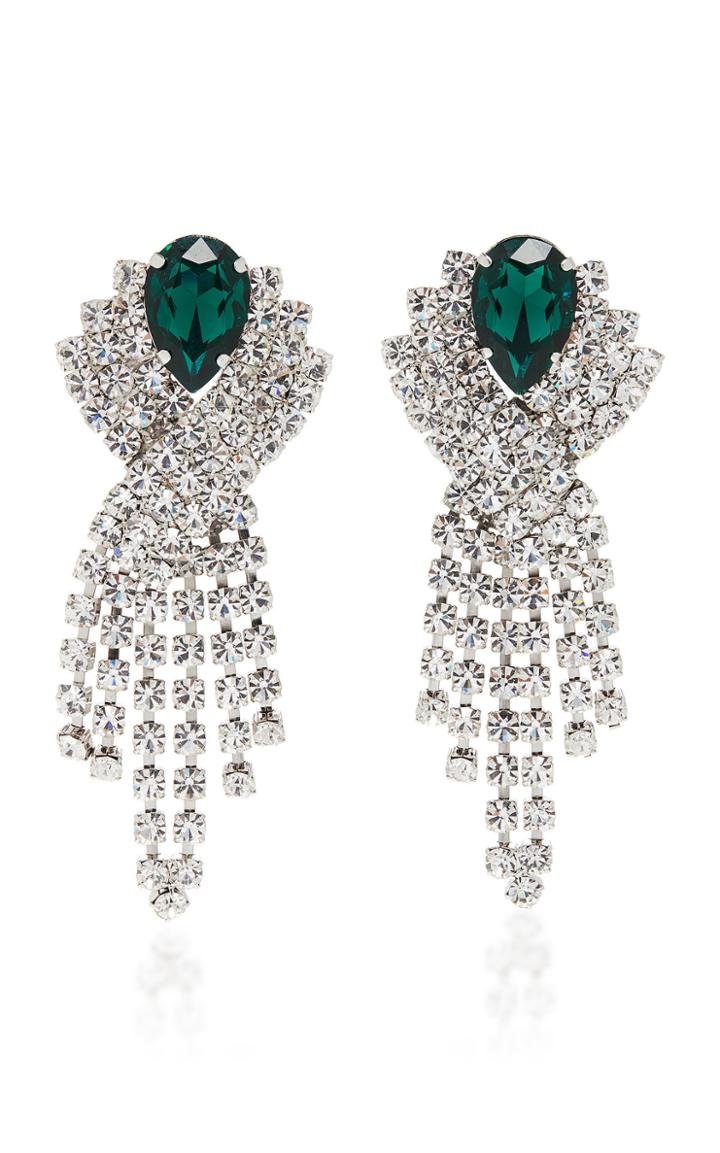 Alessandra Rich Green Crystal Fringe Clip Earrings