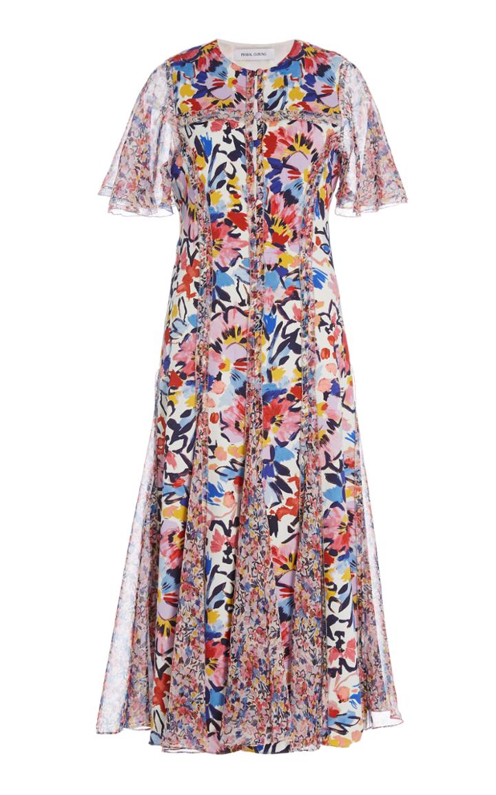 Prabal Gurung Floral Flutter Sleeve Picot Edged Dress