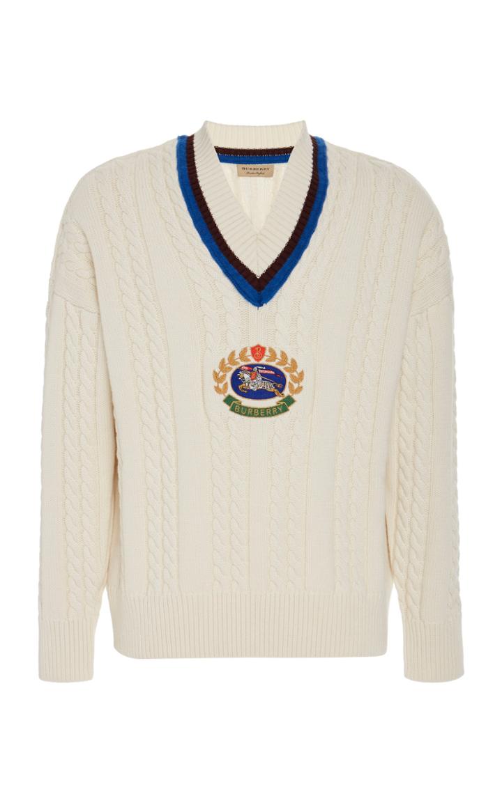 Burberry Crest-embroidered Cashmere And Cotton Cable-knit Sweater