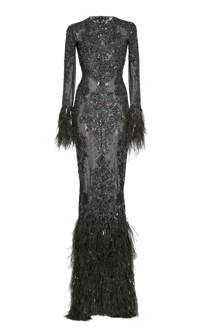 Zuhair Murad Beaded And Feather-trimmed Silk Gown
