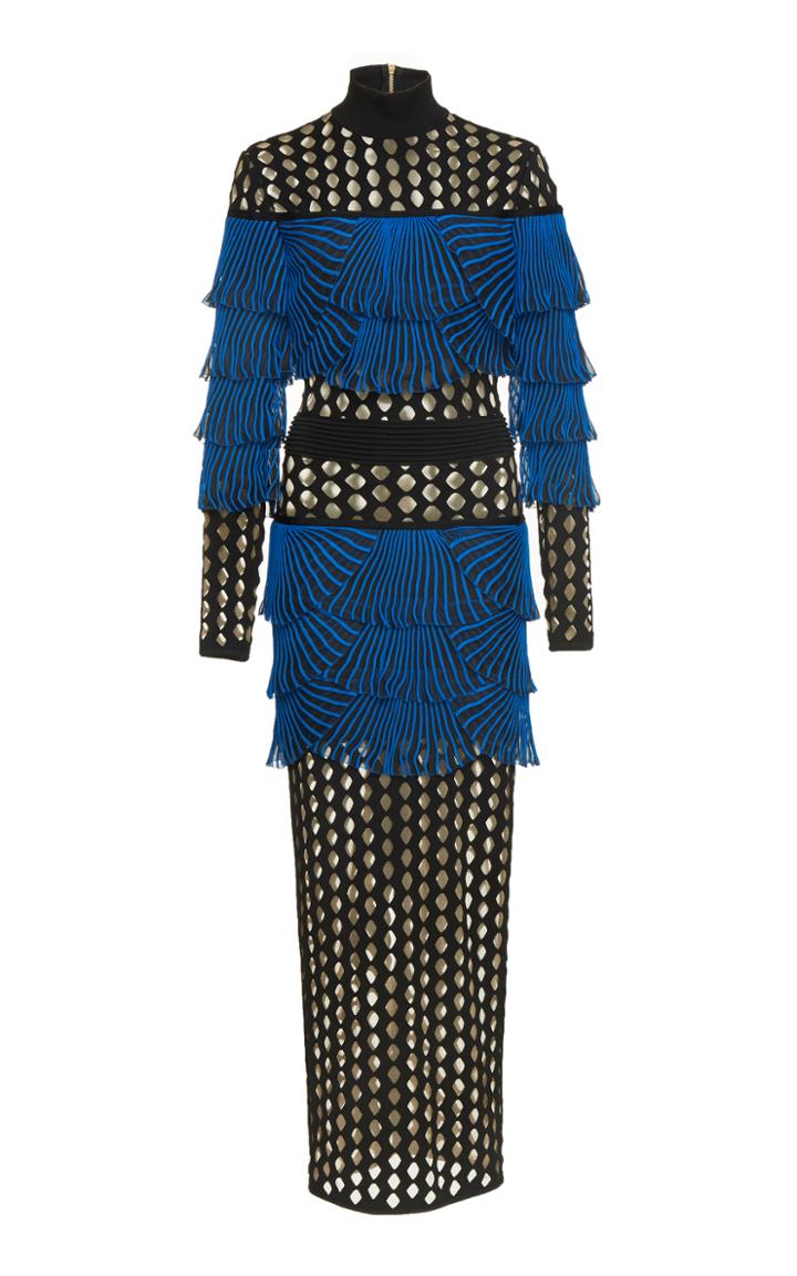 Balmain Fishnet Pleated Long Dress