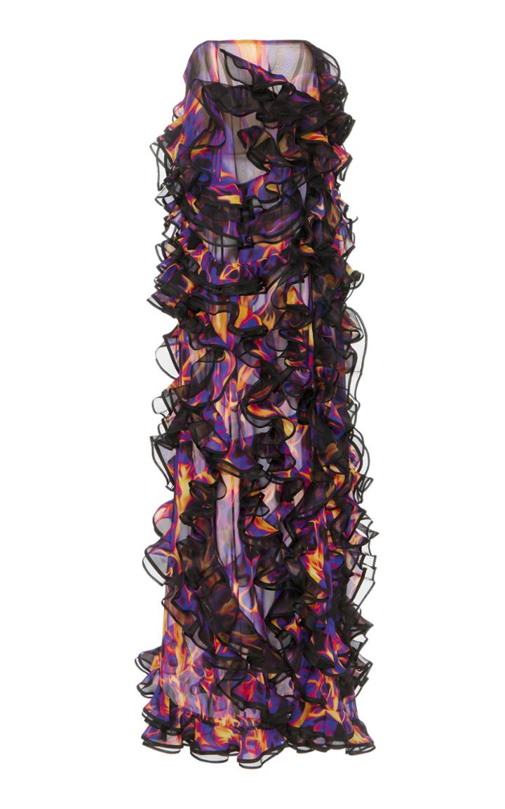 Mary Katrantzou Ruffled Flame Print Silk Georgette Dress