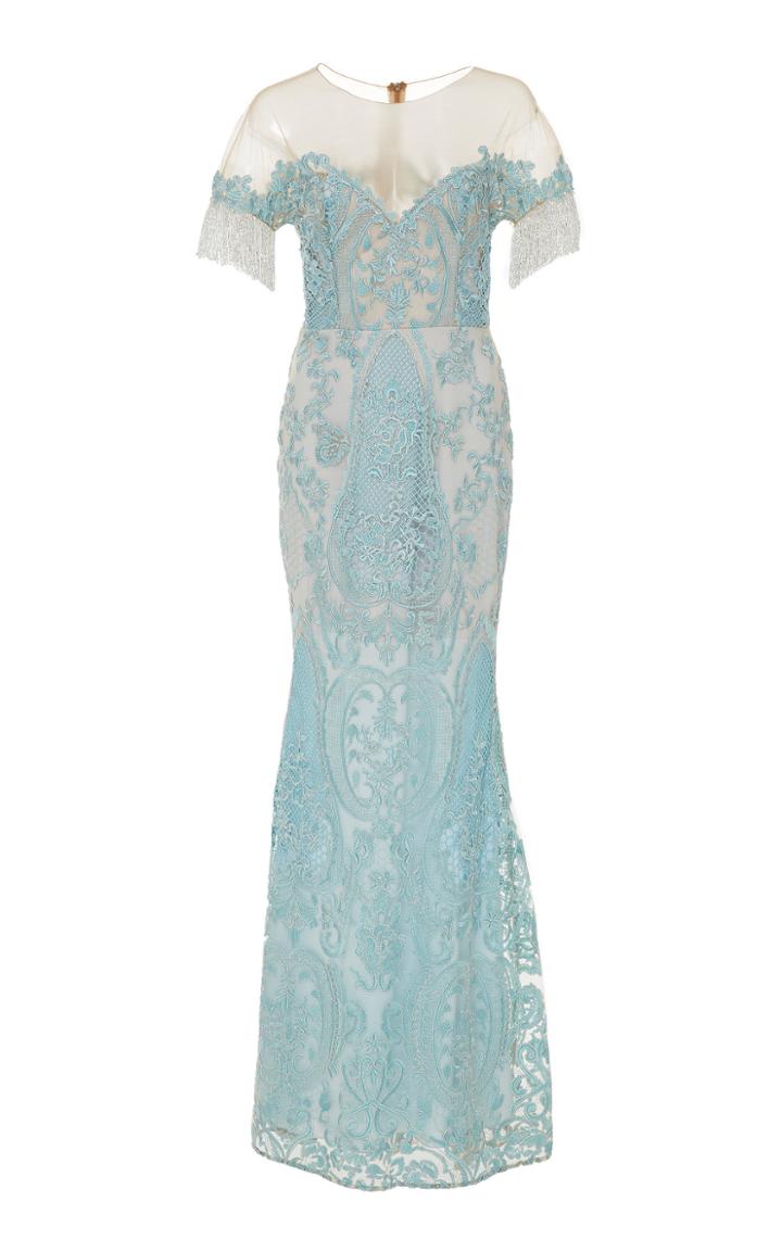 Patbo Patricia Bonaldi Lace Off-the -shoulder Fringe Beaded Gown
