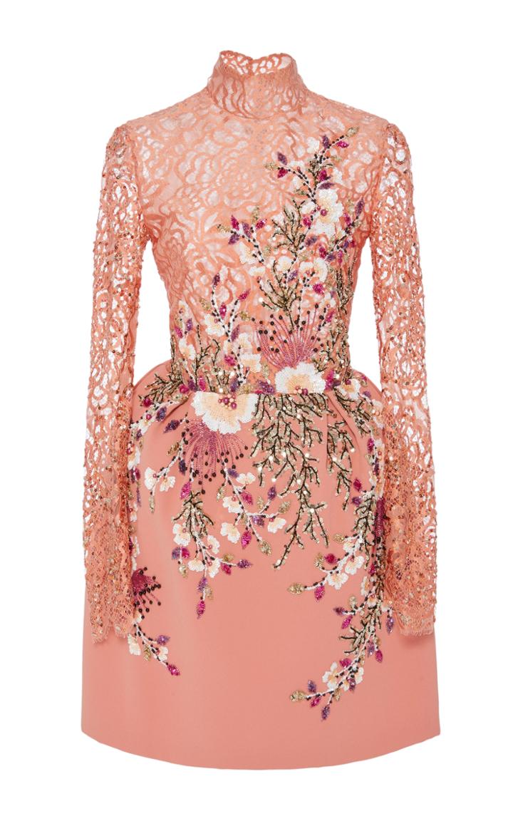 Georges Hobeika Embroidered Lace Long Sleeve Mini Dress