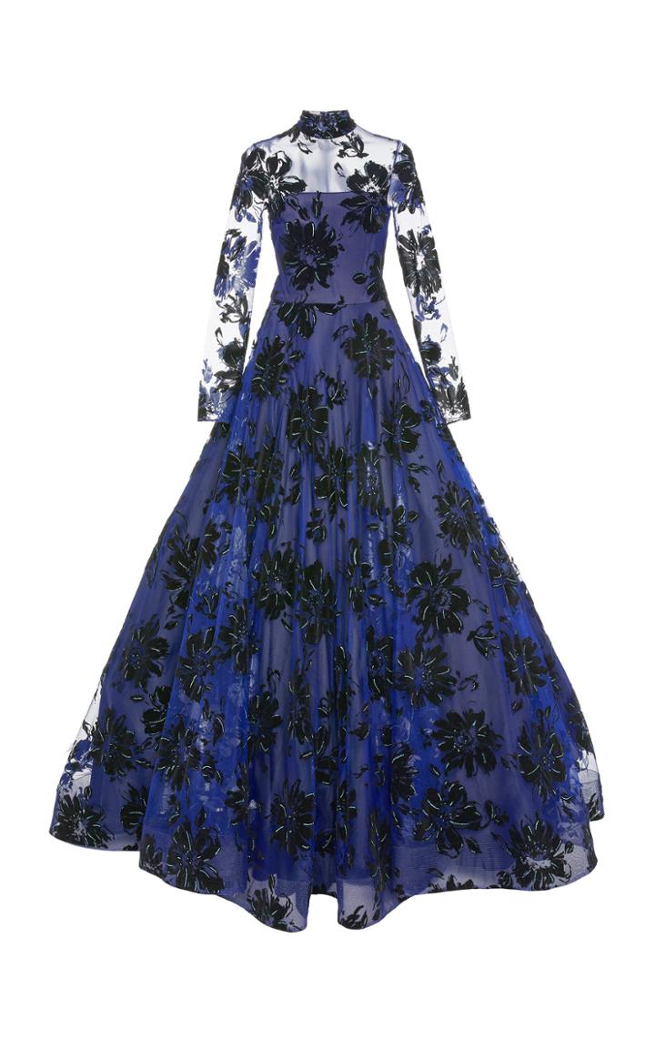 Christian Siriano Floral Velvet Long Sleeve Gown