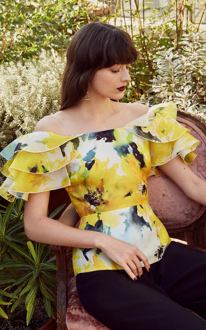 Marchesa Floral Printed Moire Off Shoulder Top