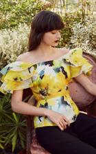 Marchesa Floral Printed Moire Off Shoulder Top