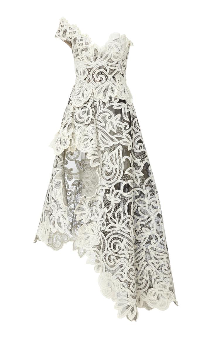 Oscar De La Renta Asymmetric Guipure Lace Tulle Gown