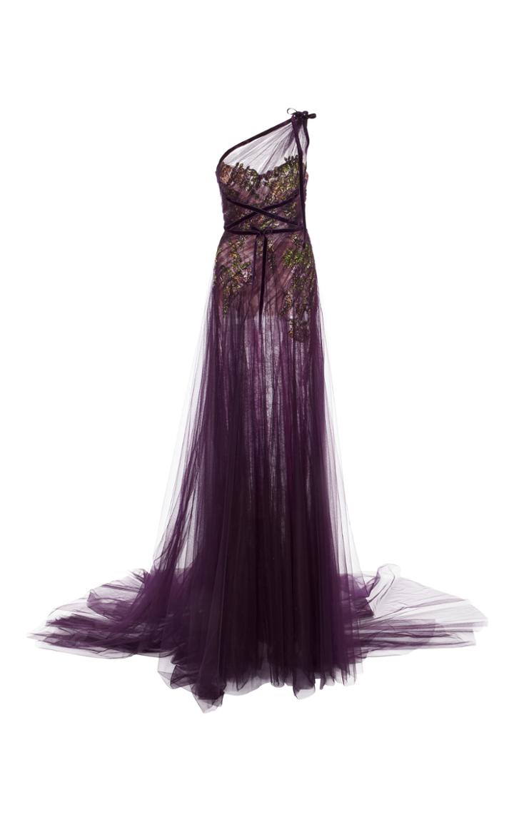 Marchesa One Shoulder Draped Tulle Gown