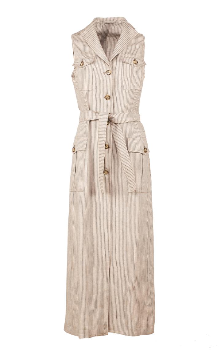 Giuliva Heritage Collection Belted Pinstriped Linen-twill Midi Dress