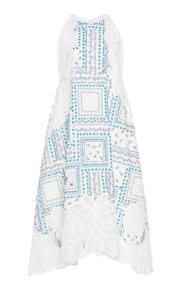 Moda Operandi Costarellos Jewel-neck Printed Cotton Tent Dress With Floral-cut Lace