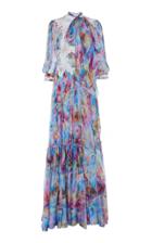 Costarellos Mesh Bodice Printed Silk Gown