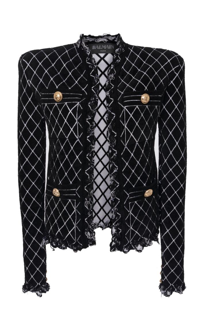 Balmain Diamond-printed Raw Hem Velvet Jacket