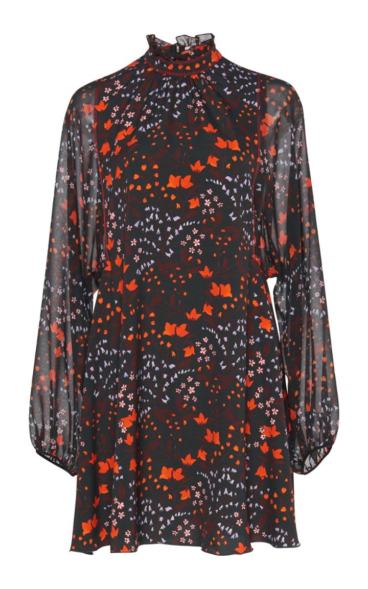 Giamba Sheer Sleeve Floral Mockneck Dress