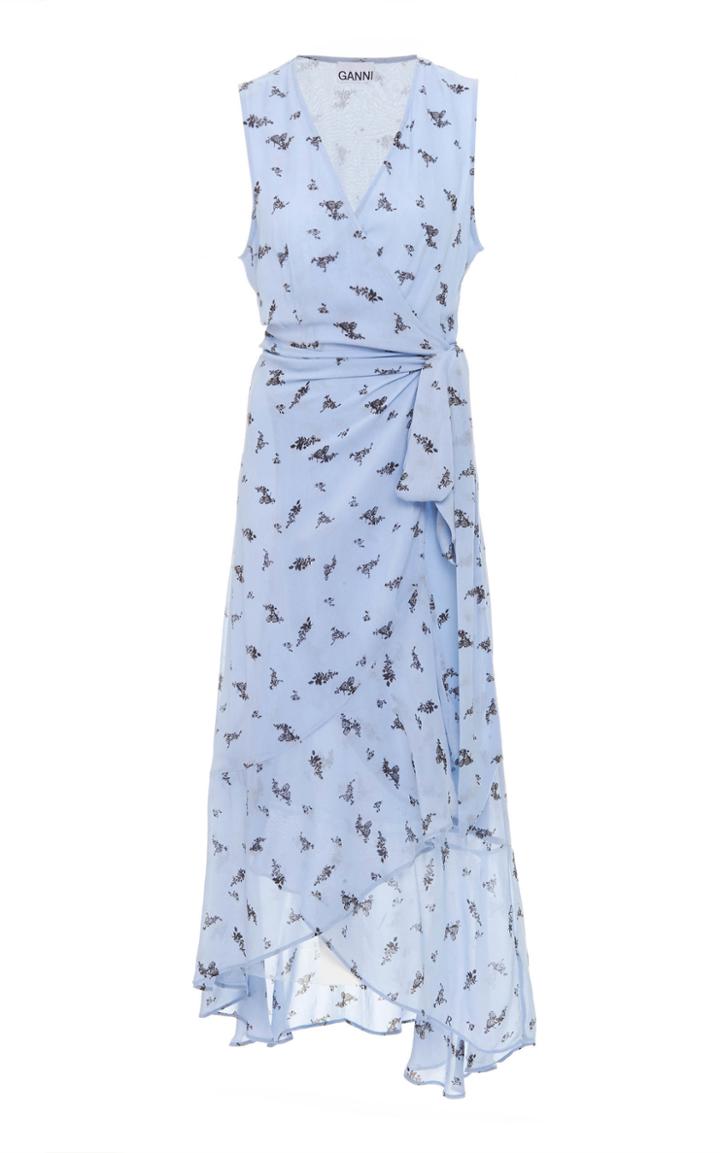 Ganni Printed Georgette Wrap Midi Dress